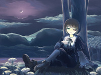 Konachan.com - 69308 bicolored_eyes brown_hair butterfly clouds flowers grass moon night rozen_maiden short_hair souseiseki tree.jpg