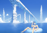 Konachan.com - 82326 bikini blue blue_eyes blue_hair clouds eshi original sky swimsuit vocaloid water.jpg