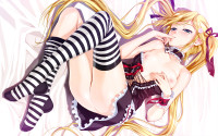 Konachan.com - 68940 ass bed blonde_hair blue_eyes breasts happoubi_jin kanojo_x_kanojo_x_kanojo nipples no_bra nopan orifushi_mafuyu ribbons thighhighs.jpg