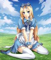 Danbooru 416519 alice_in_wonderland alice_(wonderland) blonde_hair blue_eyes hair_ribbon kneeling long_hair maid ribbon taiyou thighhighs zettai_ryouiki.jpg