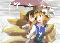 s - 572192 - buncha_to_imon chen piggyback snow touhou umbrella winter yakumo_ran.jpg