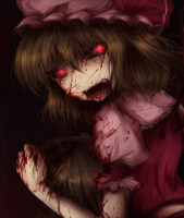 466671 - blood creepy depth_bomb fangs flandre_scarlet glowing_eyes guro hat open_mouth red_eyes touhou vampire.jpg