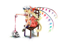 705459 - blonde_hair blood bow chair chin_rest cup flandre_scarlet frea hat long_hair red_eyes shoes simple_background sitting skull socks solo teacup touhou wings.jpg