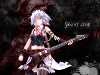 49394 bow braids gray_hair guitar headband izayoi_sakuya maid pink_eyes ribbons short_hair thighhighs touhou.jpg