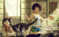 Konachan.com - 74786 ame animal black_eyes black_hair cat food original short_hair shorts.jpg