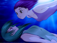 Konachan.com - 58366 2girls blue blue_hair green_hair purple_eyes short_hair swimsuit underwater water yellow_eyes yokohama_kaidashi_kikou.jpg