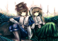 Konachan.com - 50901 bicolored_eyes brown_hair hat rozen_maiden souseiseki suiseiseki twins.jpg