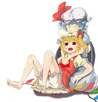 244780 - absurdres barefoot blonde_hair bloomers blue_hair feet flandre_scarlet gigokku hat highres hug red_eyes remilia_scarlet ribbon saliva siblings sisters sleeping touhou wings.jpg