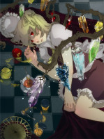 650418 - apple blonde_hair flandre_scarlet food fruit hat ponytail red_eyes rook_(artist) short_hair side_ponytail solo tea touhou wings.jpg