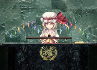 792176 - ascot blonde_hair fang flandre_scarlet hat kiyu photoshop ponytail pun red_eyes short_hair side_ponytail solo touhou united_nations wings.jpg