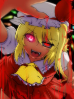 859342 - blonde_hair blood flandre_scarlet glowing_eyes hat hyudora red_eyes short_hair side_ponytail solo touhou.jpg