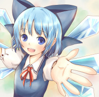 781689 - aikawa_ryou blue_eyes blue_hair bow cirno hair_bow hands neck_ribbon outstretched_arms ribbon short_hair solo touhou wings.jpg