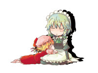 428182 - braid chibi closed_eyes flandre_scarlet hairband hat itsuki_kuro izayoi_sakuya maid ribbon sleeping touhou twin_braids.jpg