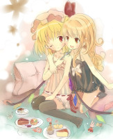 873263 - 2girls bloomers cake chemise fang feeding flandre_scarlet food fork highres kirisame_marisa multiple_girls okemai touhou underwear_only wink yuri.jpg