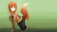 Konachan.com - 81959 animal_ears barefoot green horo long_hair orange_hair red_eyes spice_and_wolf tail wolfgirl.jpg