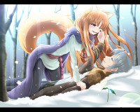 Konachan.com - 96964 animal_ears brown_hair craft_lawrence fang forest gray_hair horo kazuna long_hair red_eyes snow spice_and_wolf tail wolfgirl.jpg