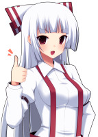 833255 - blush bow fujiwara_no_mokou hair_bow hand_on_hip highres long_hair naze open_mouth pants red_eyes silver_hair smile solo suspenders thumbs_up touhou very_long_hair.jpg