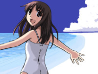 Gelbooru 542559 azumanga_daiou beach kasuga_ayumu morichan swimsuit one-piece_swimsuit solo.jpg