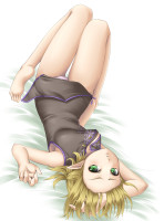 695681 - adjusting_hair barefoot bed blonde_hair breasts china_dress chinese_clothes feet forehead green_eyes hands highres legs looking_back lying mizuhashi_parsee mochi.f on_back open_clothes panties pink_panties poin.jpg