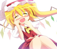 891180 - ascot blonde_hair blush closed_eyes dress fang flandre_scarlet geogeo hand_to_mouth happy_tears hat hat_ribbon midriff open_mouth red_dress ribbon rubbing_eyes side_ponytail solo tears touhou wings.jpg