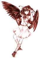 Gelbooru 154044 book camera geta monochrome pen shameimaru_aya skirt touhou usa_(artist) wings wink.jpg