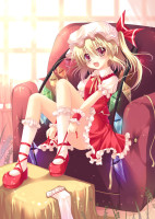 866115 - blonde_hair bobby_socks flandre_scarlet hat mary_janes neck_ribbon red_eyes ribbon shoes short_hair side_ponytail sitting solo sousouman touhou wings wrist_cuffs.jpg