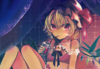 514797 - blonde_hair drink flandre_scarlet hat ponytail red_eyes short_hair side_ponytail touhou weda_(artist) wings.jpg