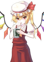 833841 - absurdres ascot blonde_hair blood cup drinking flandre_scarlet hat highres mofu red_eyes short_hair side_ponytail slit_pupils solo straw touhou vampire wings.jpg