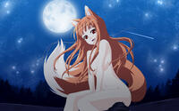 Konachan.com - 34200 animal_ears fang forest horo long_hair moon night nude orange_hair red_eyes sky spice_and_wolf stars tail wolfgirl.jpg