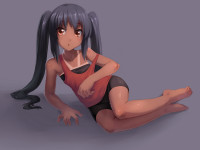 468834 - absurdres babycat bad_id barefoot bare_shoulders bike_shorts black_hair brown_eyes feet highres k-on! latex long_hair lying nakano_azusa on_side shorts simple_background solo tan tank_top tanline twintails.jpg