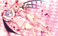 633138 - 2girls ankle_lace-up arms_up barefoot blonde_hair checkered checkered_floor cross-laced_footwear feet flandre_scarlet flat_chest flower highres lavender_hair lying multiple_girls nightgown on_back panties petal.jpg