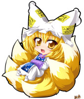 blonde_hair chibi fang fox_tail hat highres kazami_karasu multiple_tails ofuda open_mouth solo tail tail_chair touhou yakumo_ran yellow_eyes.jpeg