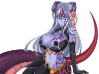 5217 - belly_button blue_hair blue_skin echidna gloves huge_breasts lamia pointed_ears silver_hair tail tattoo.jpg