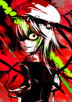 887476 - blood bloody_tears crazy_eyes flandre_scarlet hair_over_one_eye looking_back monochrome red_eyes sharp_teeth solo touhou wings yosaku_(roach).jpg