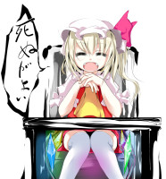 192365 - blonde_hair closed_eyes fangs flandre_scarlet open_mouth sitting thighhighs touhou translated usotsukiya.jpg