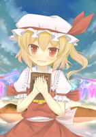 865402 - blonde_hair blush book bunchou_(bunchou3103) dress fang flandre_scarlet hands_on_chest hat highres lake midriff mountain red_dress red_eyes reflection side_ponytail sky slit_pupils smile solo star_(sky) touhou .jpg