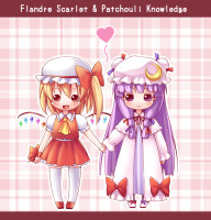 694090 - 2girls blonde_hair crescent flandre_scarlet hat long_hair multiple_girls nullken patchouli_knowledge ponytail purple_eyes purple_hair red_eyes short_hair side_ponytail touhou wings.jpg