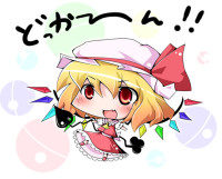 760641 - ascot blonde_hair blush chibi dress fang flandre_scarlet hat laevatein maitora ribbon short_hair smile touhou translated wand wings.jpg