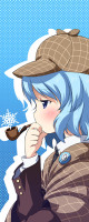 3dc4af03ebf2e29a446fdb26f941a350 bust formal hat short_hair suit touhou blue_hair cirno solo blue_eyes cosplay blush pipe pr.jpg