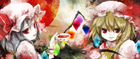 442467 - 2girls bat_wings blonde_hair blue_hair flandre_scarlet hat multiple_girls poncho_(pixiv) red_eyes remilia_scarlet short_hair siblings sisters tea touhou wings.jpg