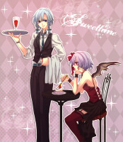 8c02cdce833db2bf114a9f824d01c70c formal pant_suit short_hair suit touhou highres red_eyes wings food remilia_scarlet thighhi.jpg