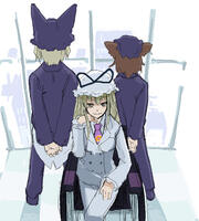 83765 - advent_cirno alternate_costume animal_ears blonde_hair brown_hair cat_ears chair chen chin_rest contemporary earrings formal hat jewelry long_hair necktie short_hair suit touhou yakumo_ran yakumo_yuka.jpg