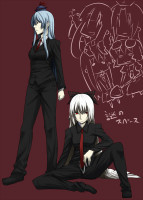 770a9fd8dae1a2142b79728a105f2a06 formal hat necktie pant_suit suit touhou blue_hair kamishirasawa_keine red_eyes long_hair r.jpg