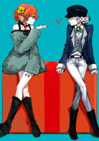 800af4bb954f4ad2fb272bd4fcd24f6e formal hat pant_suit smile suit touhou contemporary closed_eyes alternate_costume dress iza.jpg