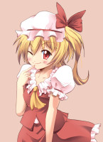 940544 - ascot blonde_hair blouse blush collarbone fang finger_to_mouth flandre_scarlet hat hat_ribbon highres no_wings red_eyes ribbon side_ponytail skirt smile solo touhou umi_umi vest wink.jpg