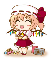 442706 - ^_^ blonde_hair cake candy chibi closed_eyes fang fere flandre_scarlet food hat pastry short_hair touhou wings.jpg