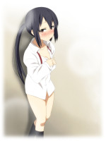 678141 - black_hair blush brown_eyes dress_shirt face ikari_manatsu kneehighs k-on! long_hair nakano_azusa no_pants open_clothes open_shirt school_uniform shirt socks solo sweat twintails undressing white_shirt.jpg