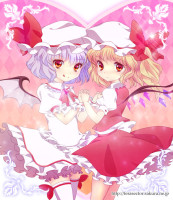 913470 - 2girls bat_wings blonde_hair blue_hair blush dress flandre_scarlet hands_clasped hat heart-shaped_pupils holding_hands lavender_hair licking_lips multiple_girls omuni orange_eyes pink_dress q red_dress red_eyes.jpg