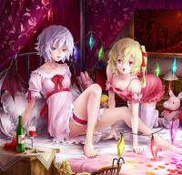 926727 - 2girls all_fours barefoot bat_wings blonde_hair blue_hair breasts bunny canopy_bed chair chick cleavage cork corkscrew cup down_blouse dress eyelashes fangs feet flandre_scarlet flower hair_ribbon highres horse.jpg