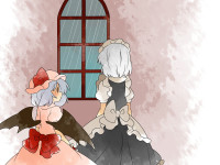 Gelbooru 1232179 2girls aenobas bow comic demon_wings from_behind hat izayoi_sakuya lavender_hair maid_headdress multiple_girls rain red_eyes remilia_scarlet short_hair wings.jpg